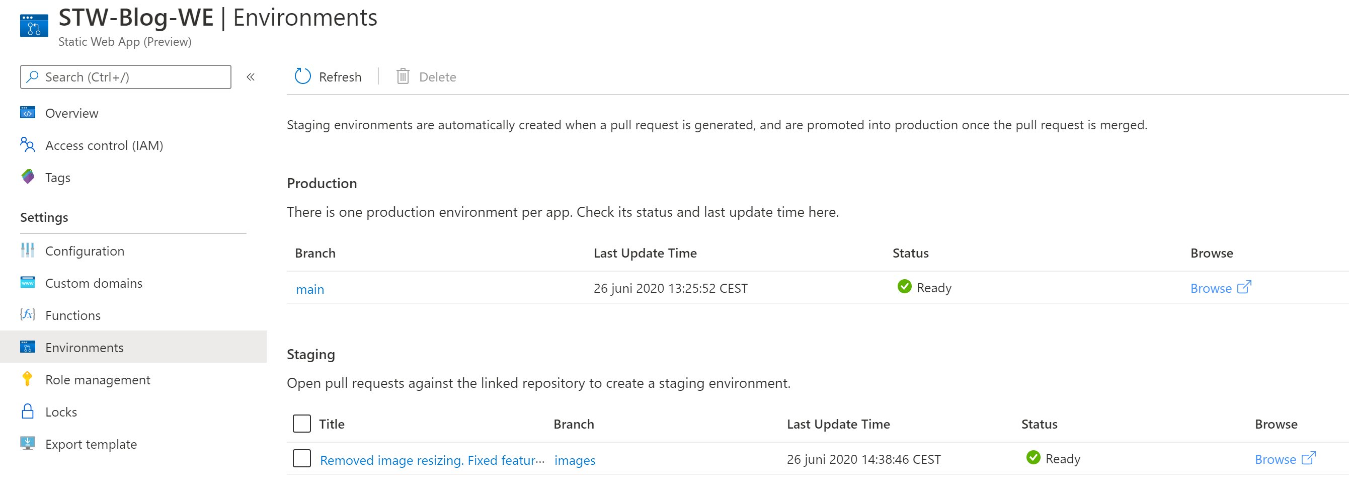Environment page in the Azure Portal