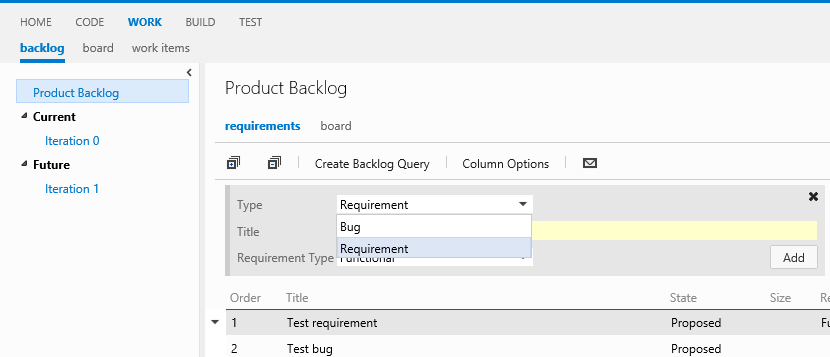 Screenshot of the Type dropdown on the product backlog page