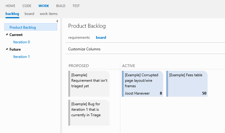 Screenshot of the Product backlog after succesful configuration